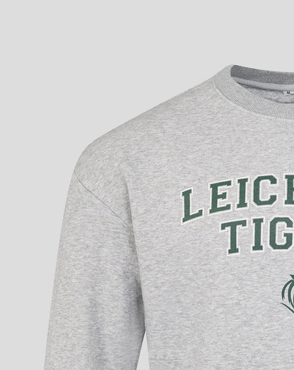 Grey Leicester Tigers varsity crew sweatshirt with green outlined lettering and tiger emblem.