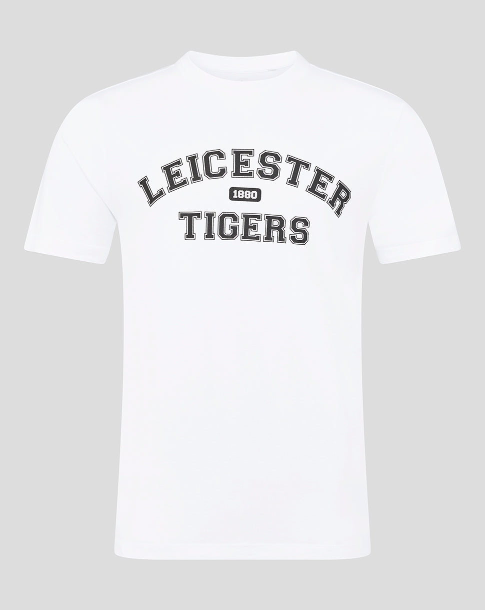 White Leicester Tigers varsity short sleeve T shirt with curved black LEICESTER TIGERS and 1880 badge