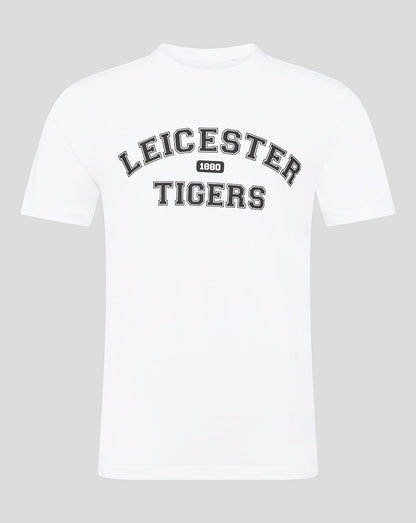 White Leicester Tigers varsity short sleeve T shirt with curved black LEICESTER TIGERS and 1880 badge
