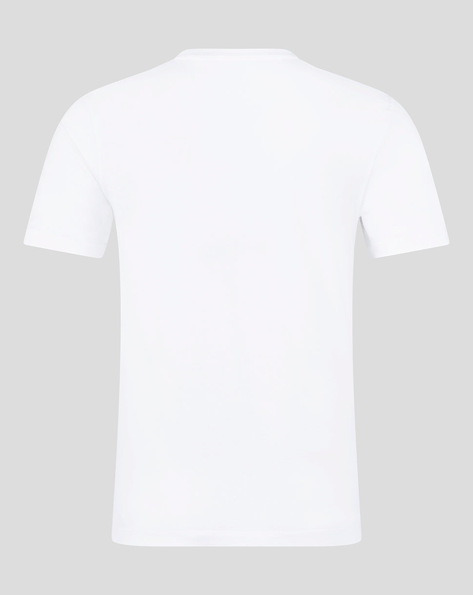 Back view of white Leicester Tigers varsity short sleeve T shirt with plain back