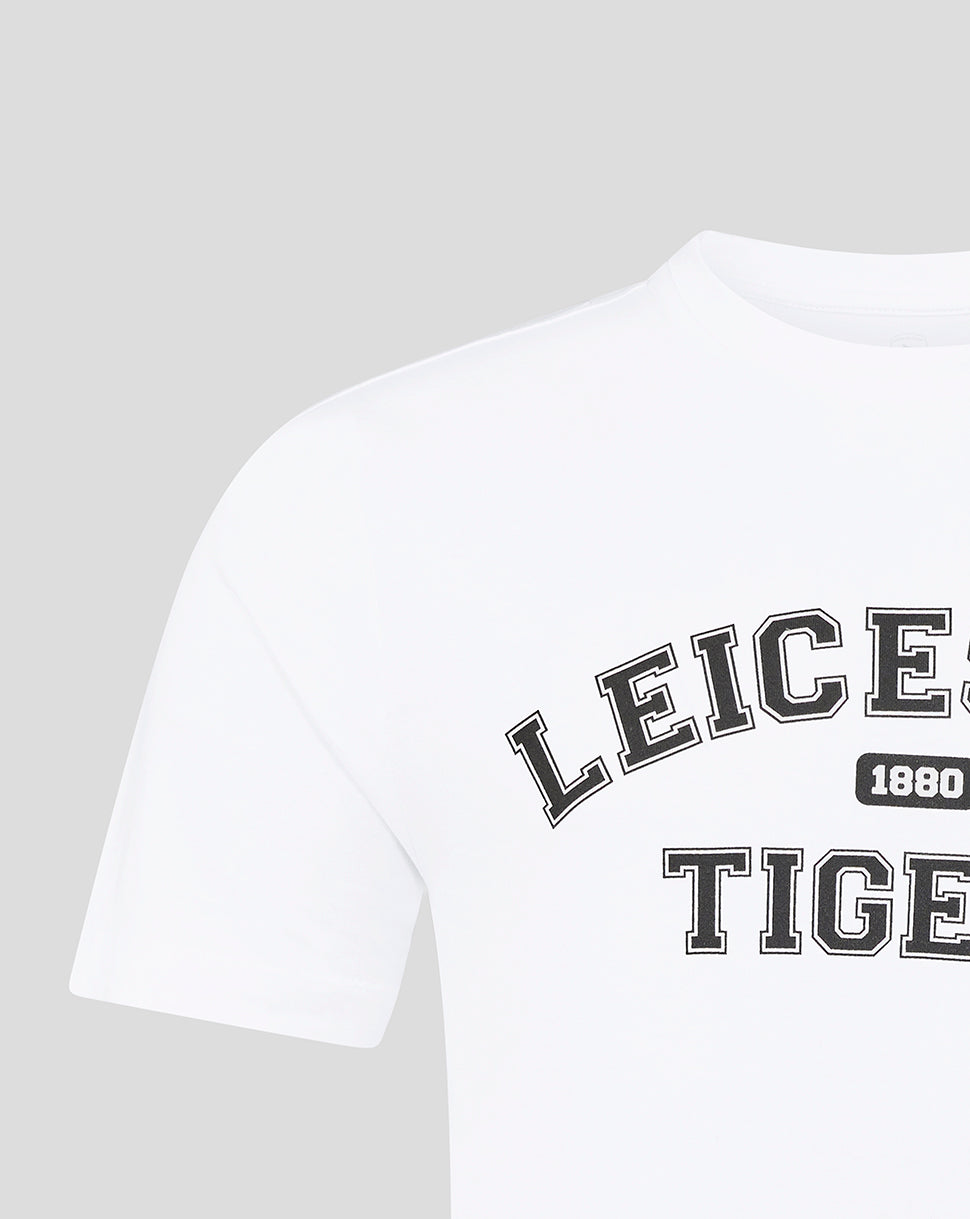 Close up of white T shirt front showing bold curved LEICESTER TIGERS graphic