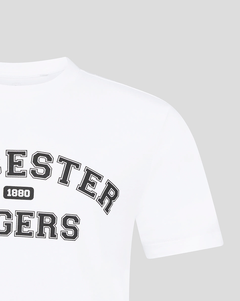 White Leicester Tigers varsity short sleeve T shirt with bold black outlined lettering across the chest, cropped close-up
