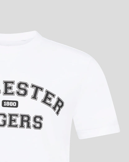 White Leicester Tigers varsity short sleeve T shirt with bold black outlined lettering across the chest, cropped close-up