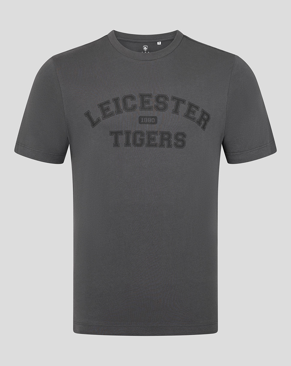 Charcoal Leicester Tigers unisex varsity T shirt with large front Tigers graphic