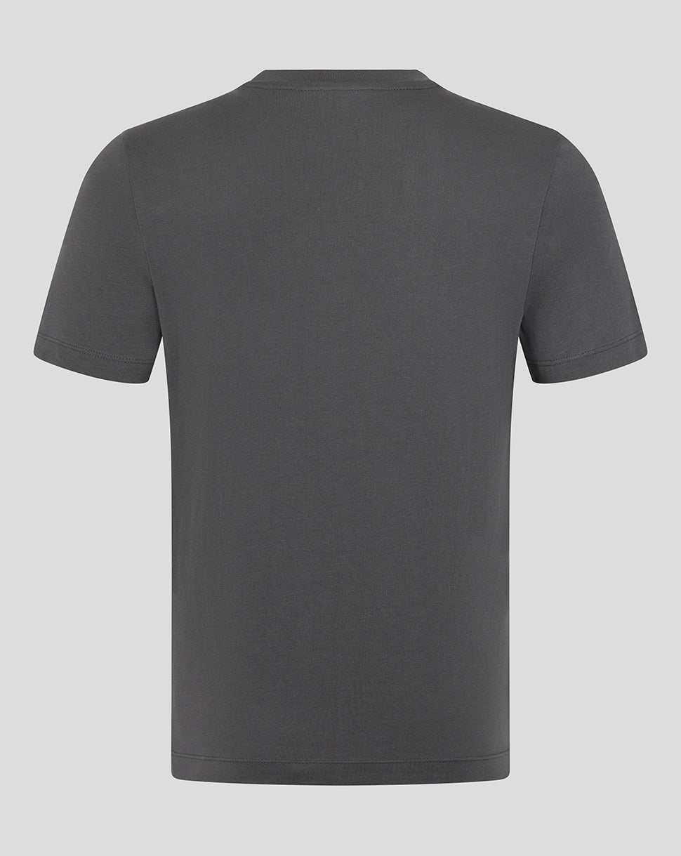 Back view of charcoal Leicester Tigers varsity T shirt with plain fabric