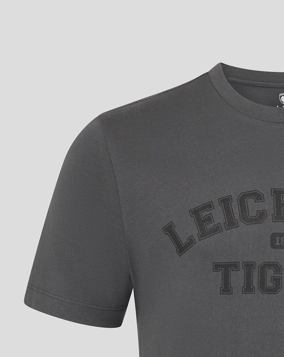 Close up of charcoal T shirt front showing large Leicester Tigers graphic across chest