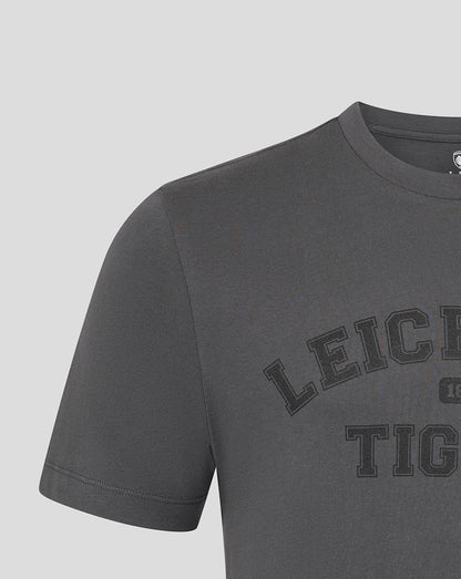 Close up of charcoal T shirt front showing large Leicester Tigers graphic across chest