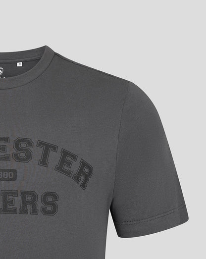 Charcoal Leicester Tigers unisex 25/26 varsity T shirt with bold arched lettering on the chest