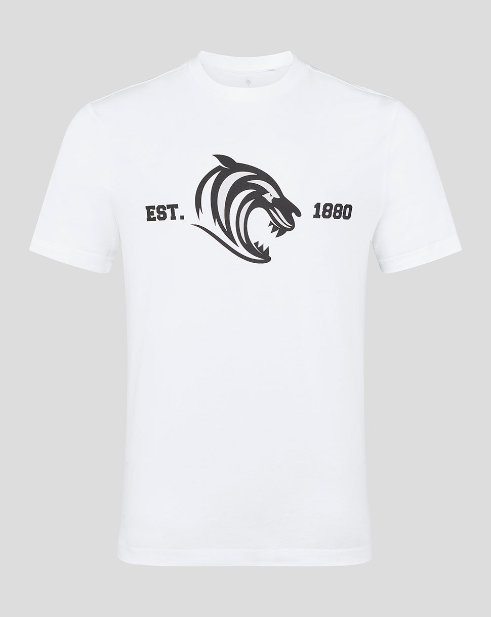 White Leicester Tigers varsity 1880 short sleeve T-shirt with a black tiger head and EST 1880