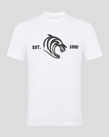 White Leicester Tigers varsity 1880 short sleeve T-shirt with a black tiger head and EST 1880