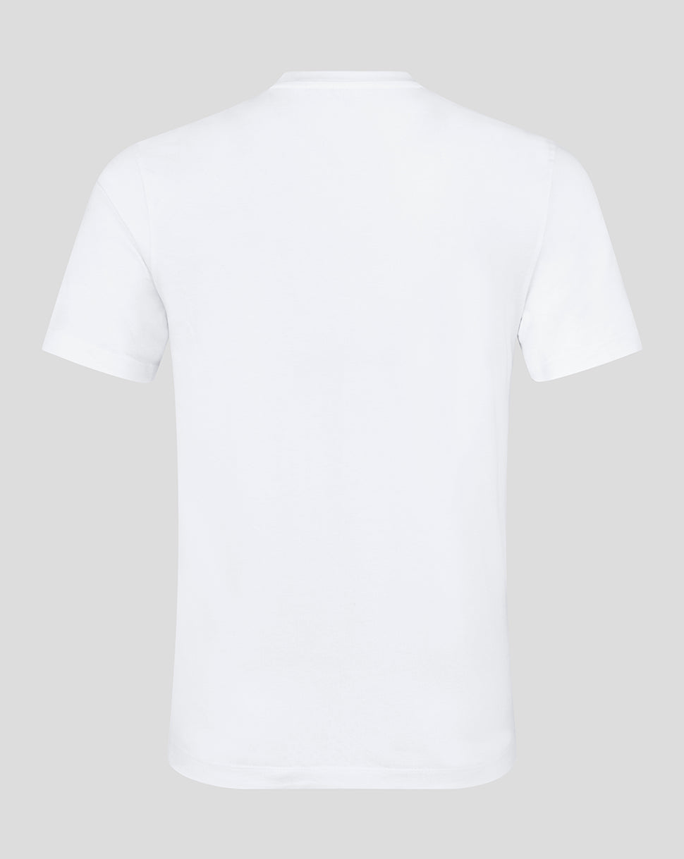 Back view of white Leicester Tigers varsity 1880 short sleeve T-shirt