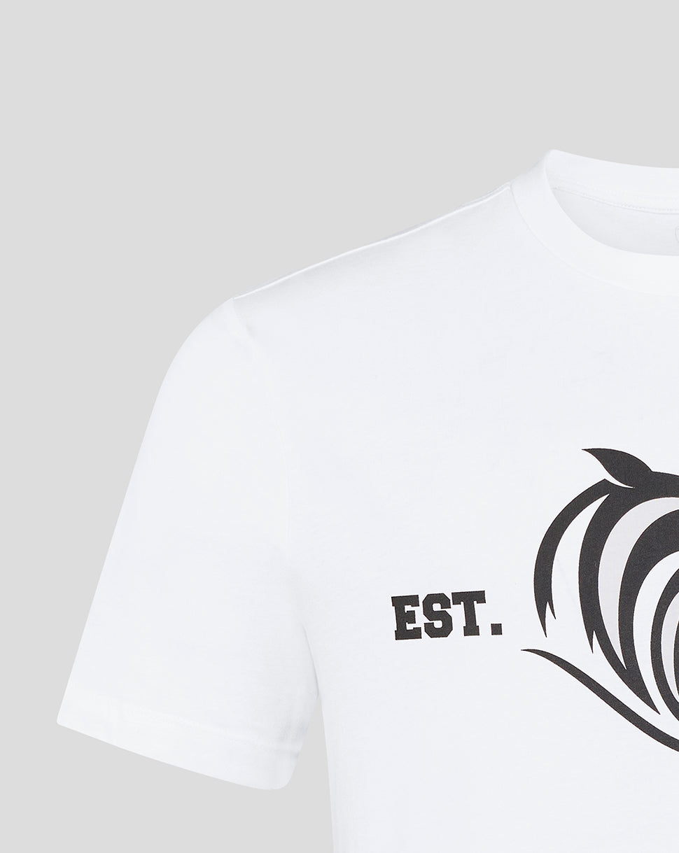 White short sleeve T-shirt with bold black tiger crest and EST text on the chest