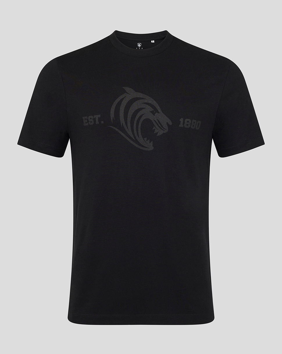 Front view of black Leicester Tigers 1880 varsity short sleeve T shirt with a dark grey tiger crest.