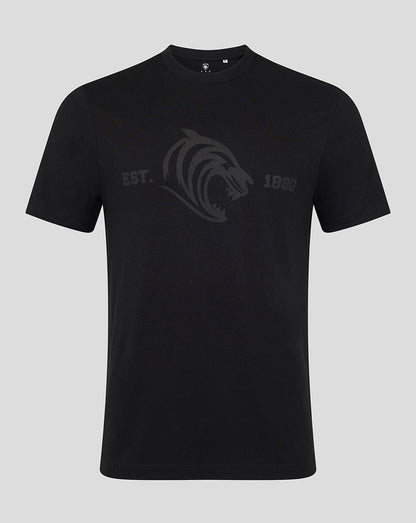 Front view of black Leicester Tigers 1880 varsity short sleeve T shirt with a dark grey tiger crest.