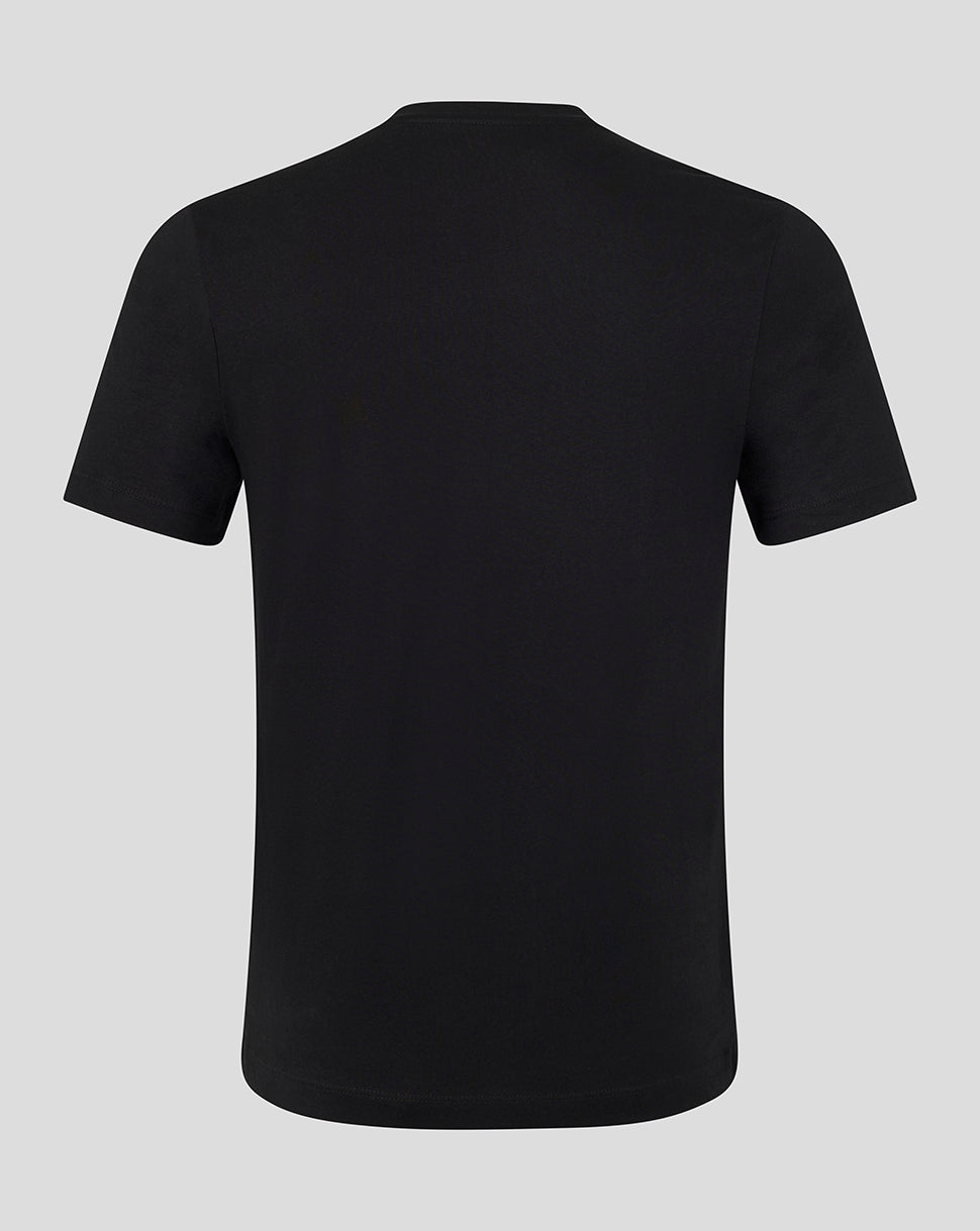 Back view of black Leicester Tigers 1880 varsity short sleeve T shirt with plain fabric.