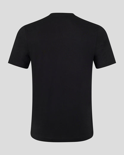 Back view of black Leicester Tigers 1880 varsity short sleeve T shirt with plain fabric.