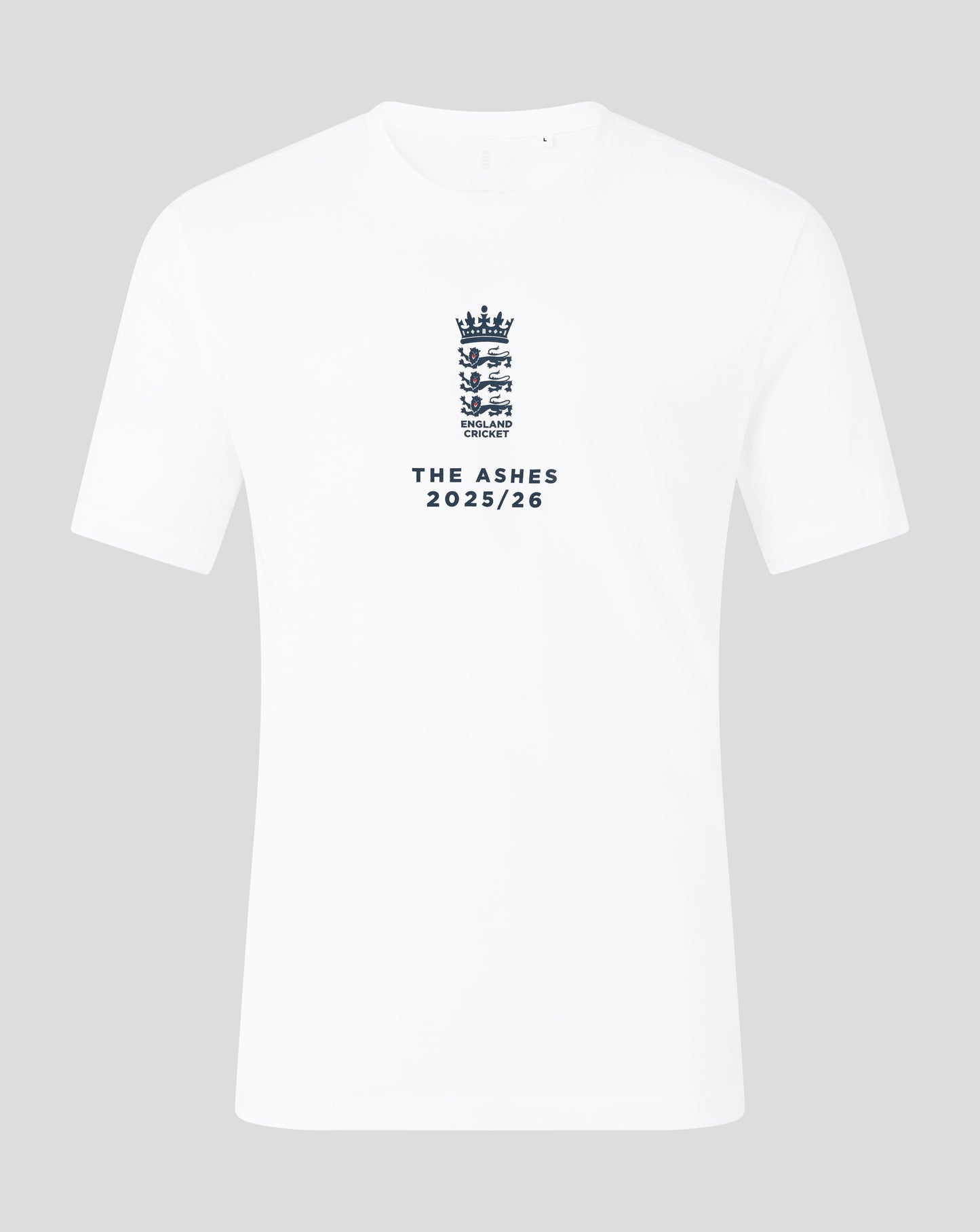 Front view of white England Cricket T shirt featuring crest and The Ashes 2025/26 text centered on chest