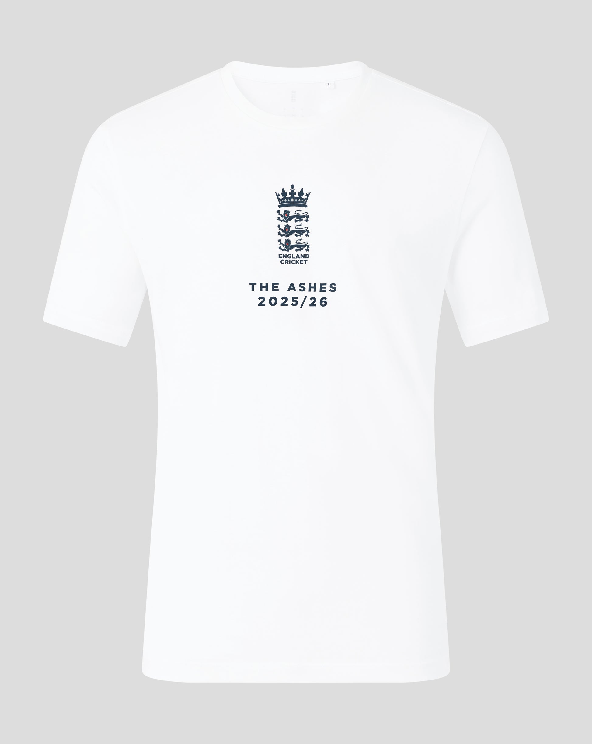 Front view of white England Cricket T shirt featuring crest and The Ashes 2025/26 text centered on chest