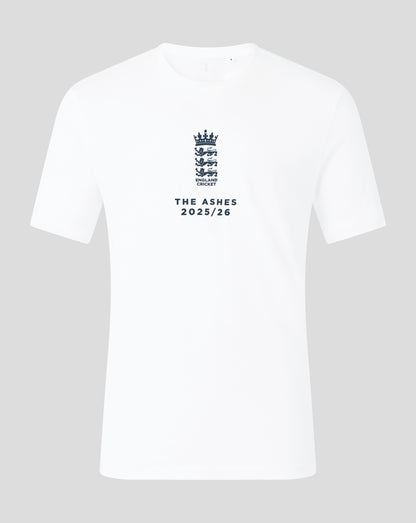 Front view of white England Cricket T shirt featuring crest and The Ashes 2025/26 text centered on chest