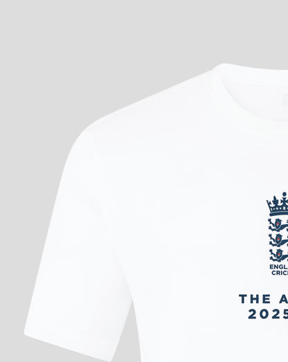 Right side view of white England Cricket T shirt showing repeated navy crest graphics along the side