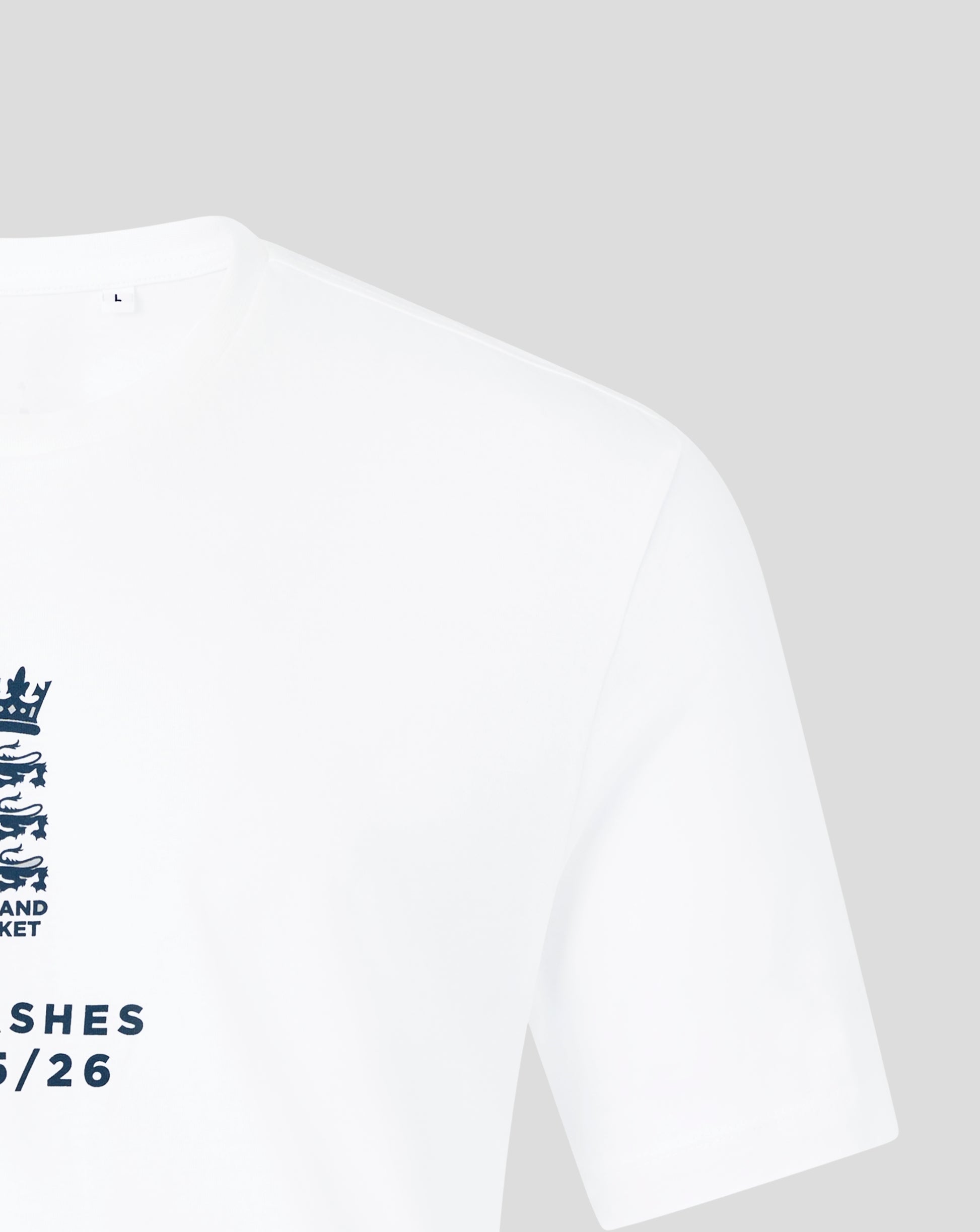 White England Cricket Ashes T shirt close up showing neckline tag and partial crest on the left front