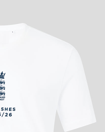 White England Cricket Ashes T shirt close up showing neckline tag and partial crest on the left front