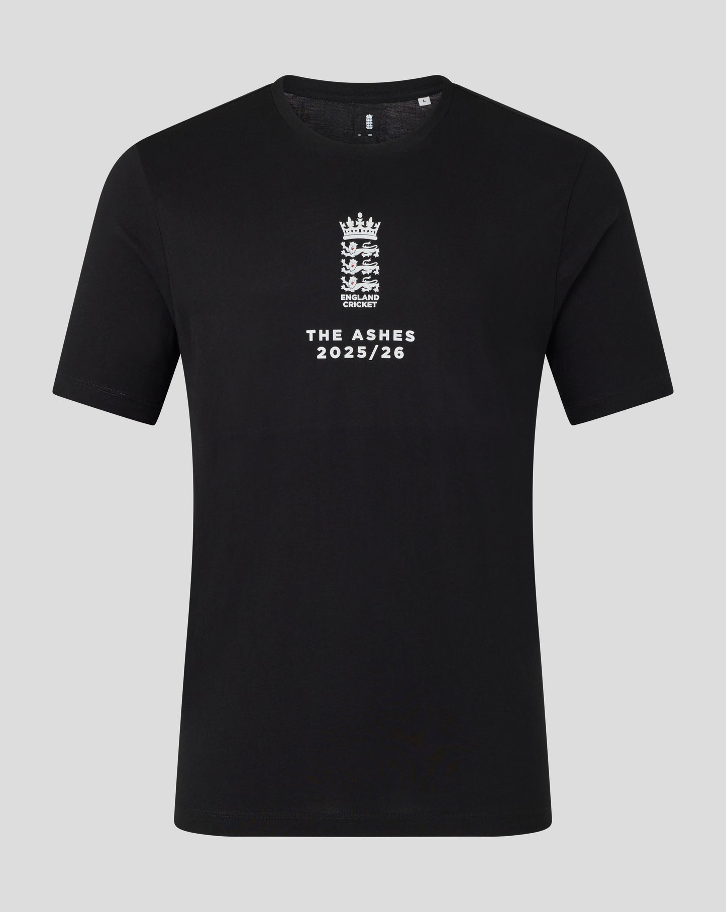 Black England Cricket Essentials Ashes T shirt with white crest and THE ASHES 2025/26 on the front