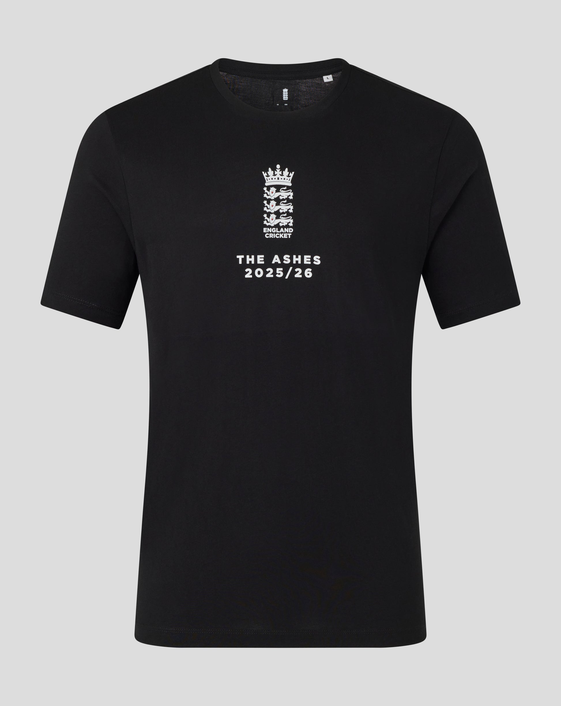 Black England Cricket Essentials Ashes T shirt with white crest and THE ASHES 2025/26 on the front