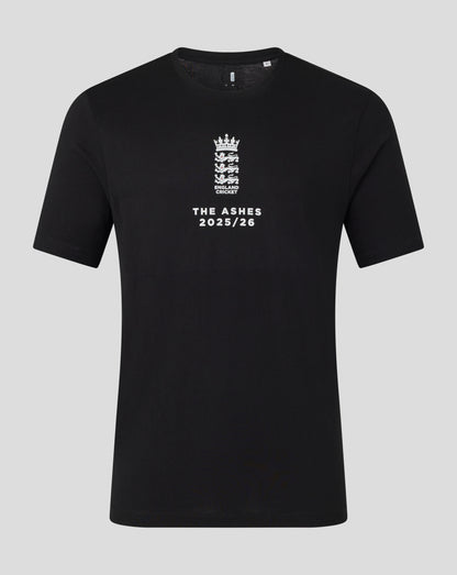 Black England Cricket Essentials Ashes T shirt with white crest and THE ASHES 2025/26 on the front