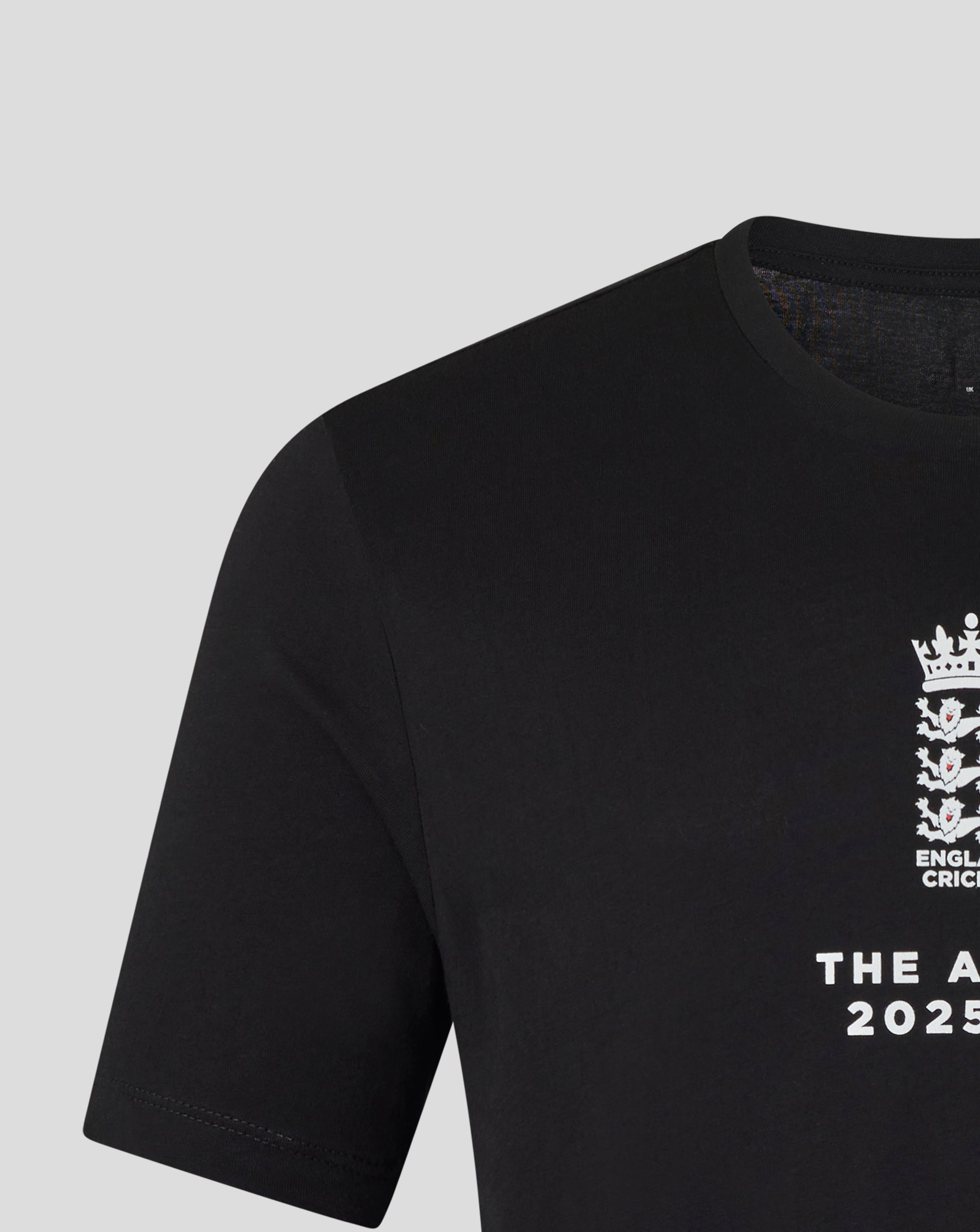 Black England cricket unisex T shirt with white crest and THE ASHES 2025/26 text on front