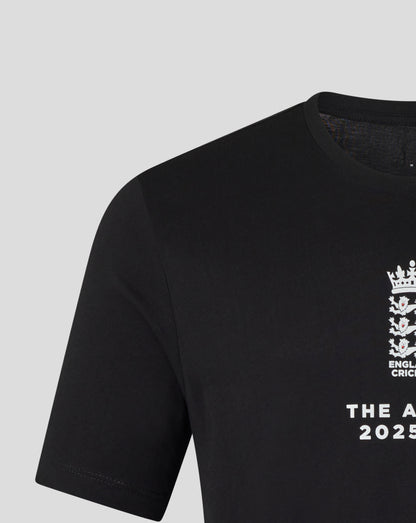 Black England cricket unisex T shirt with white crest and THE ASHES 2025/26 text on front