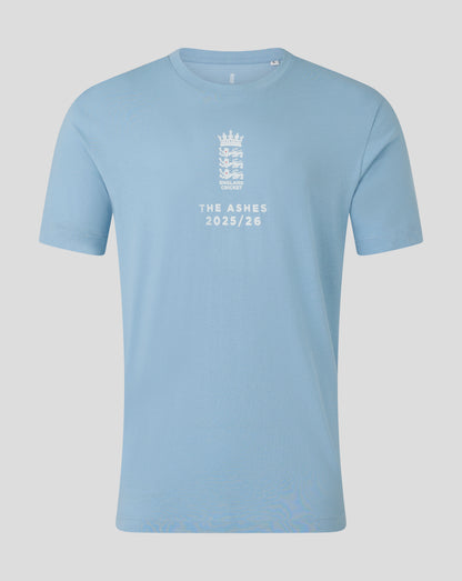 Light blue England Cricket Ashes T shirt with crest and The Ashes 2025/26 text centered on the front