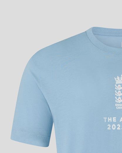 Light blue England cricket T shirt close up with crest and The Ashes 2025/26 text.