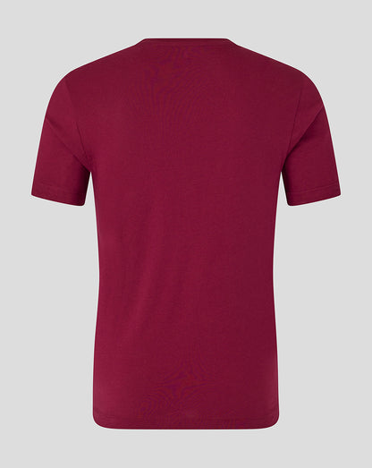 Back view of burgundy England cricket Ashes Essentials unisex T shirt