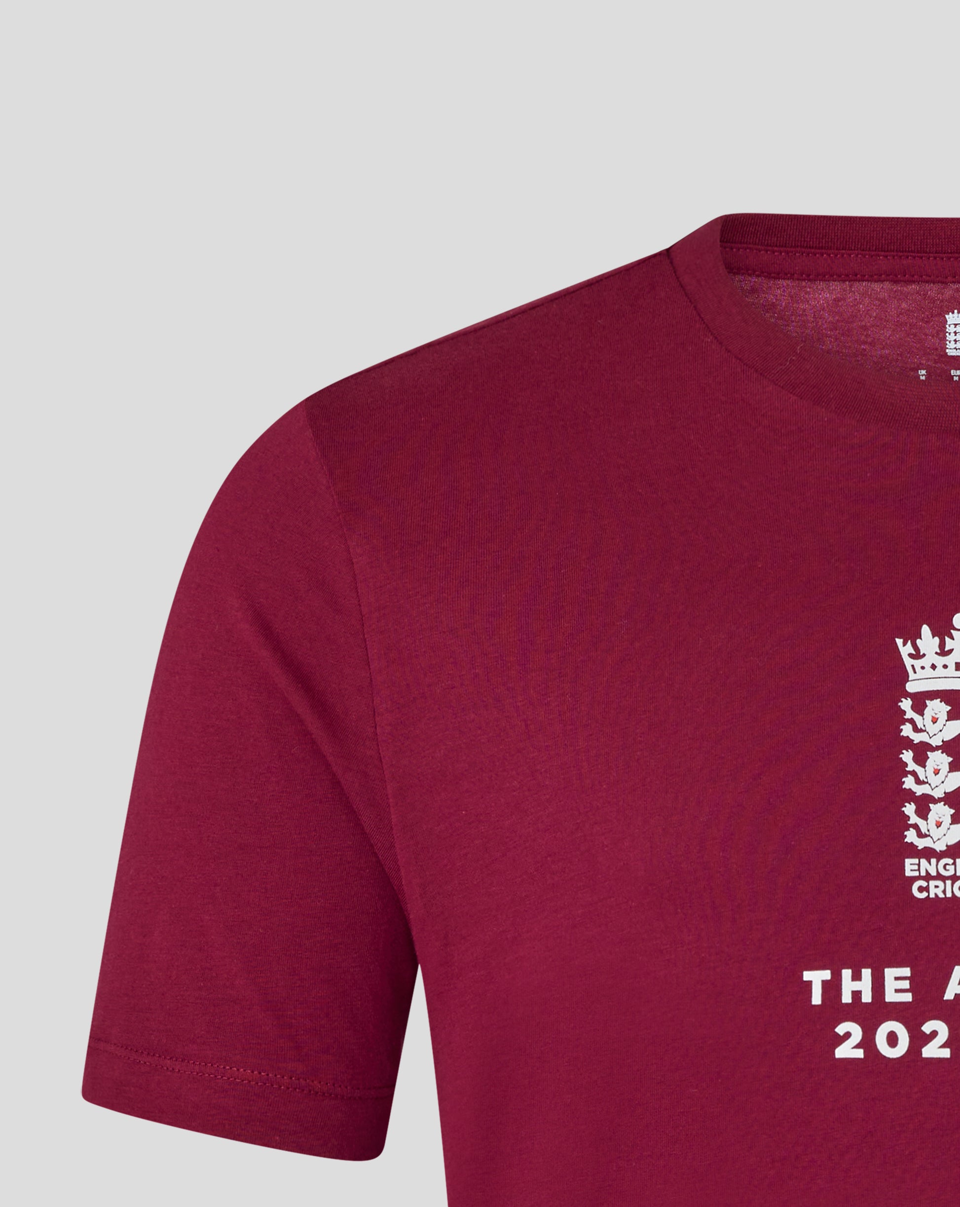 Front right chest area of burgundy T shirt showing white crest and large Ashes text