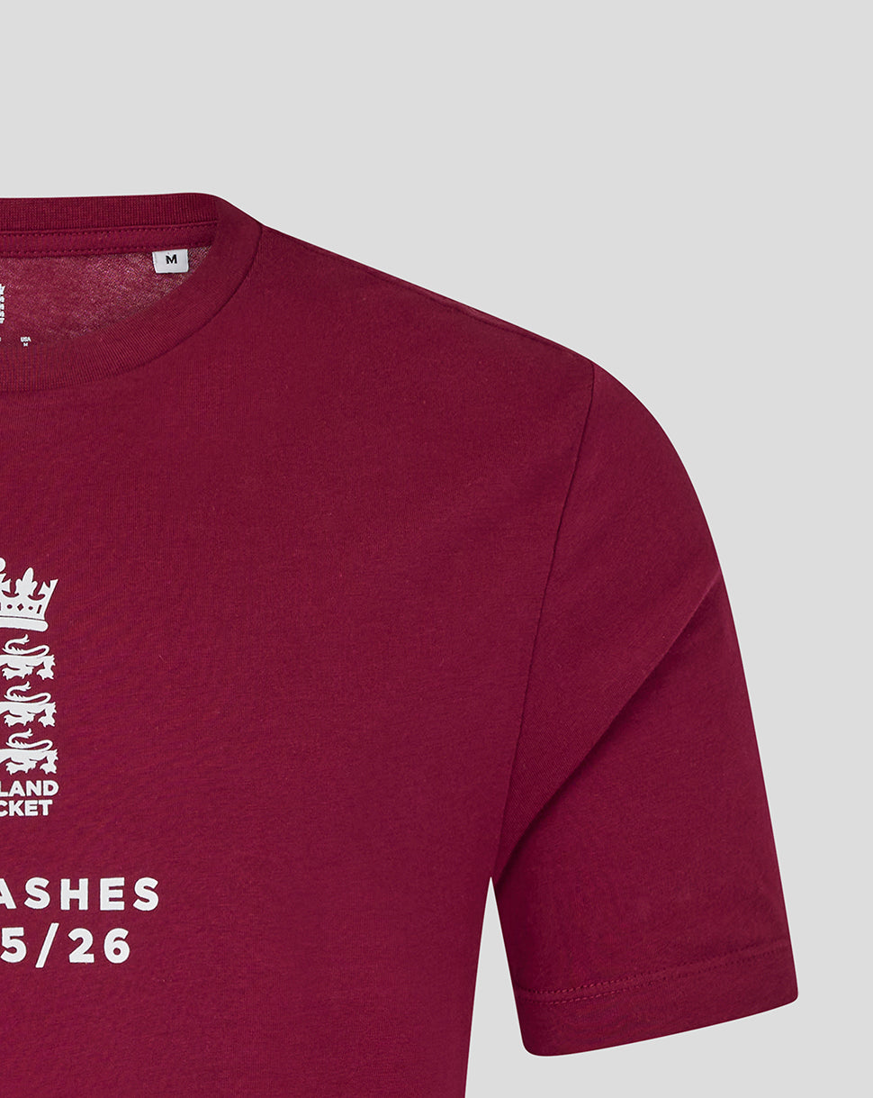Close up of burgundy England cricket T shirt neckline with size M tag and partial crest print