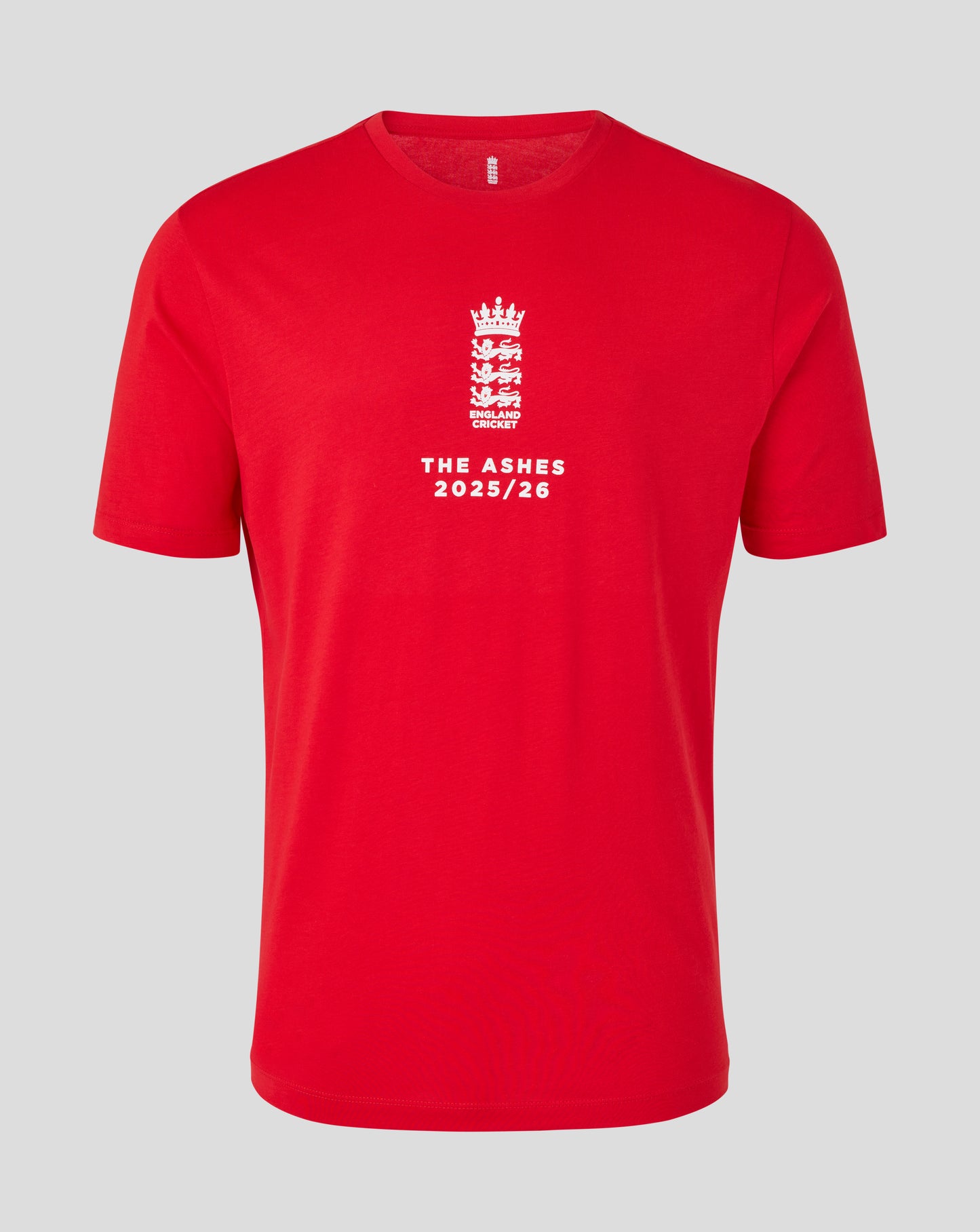 Red England cricket Ashes T shirt with white crest and THE ASHES 2025/26 text on front