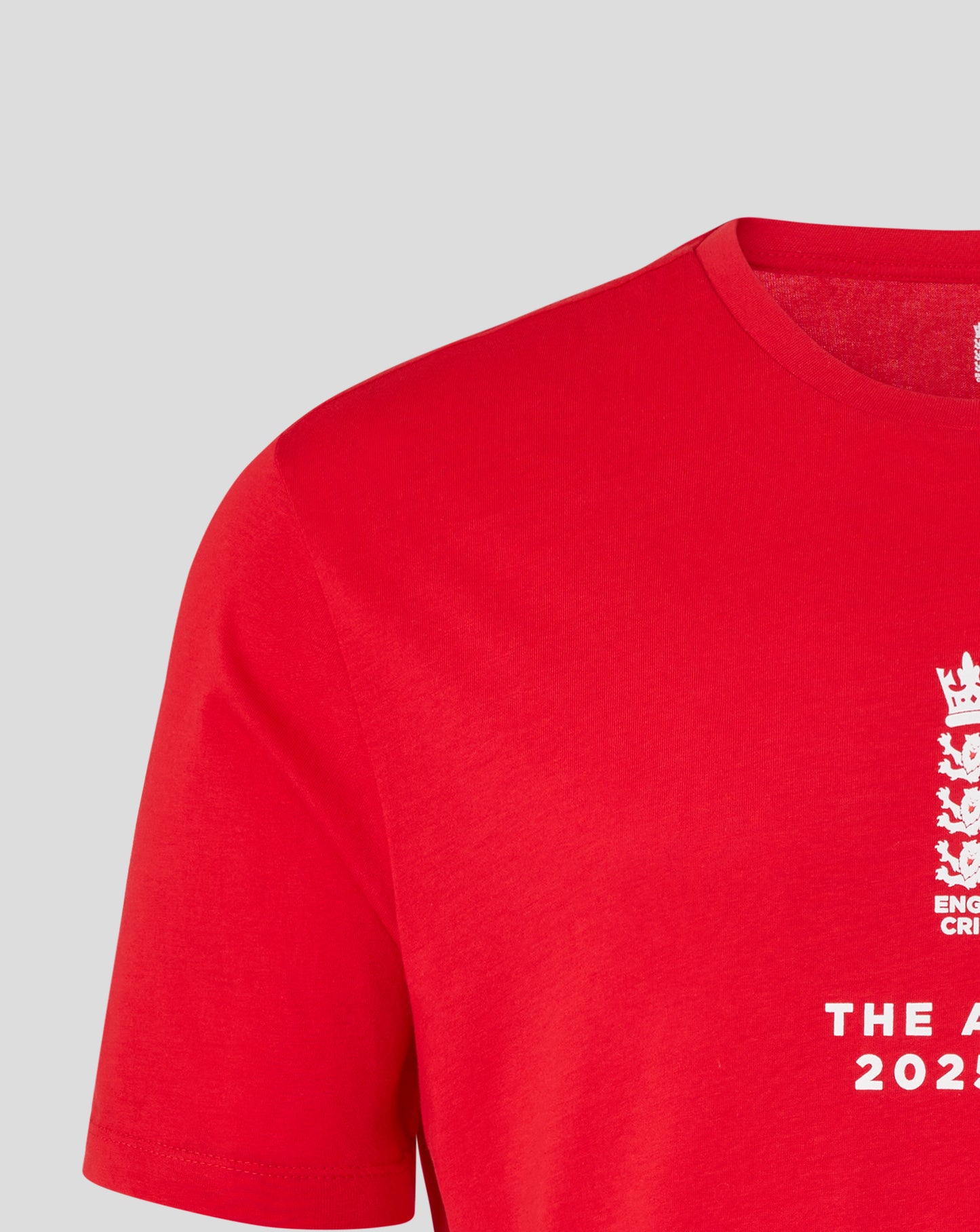 Close up of shoulder and neckline on red England Cricket Essentials Ashes T Shirt with white crest print