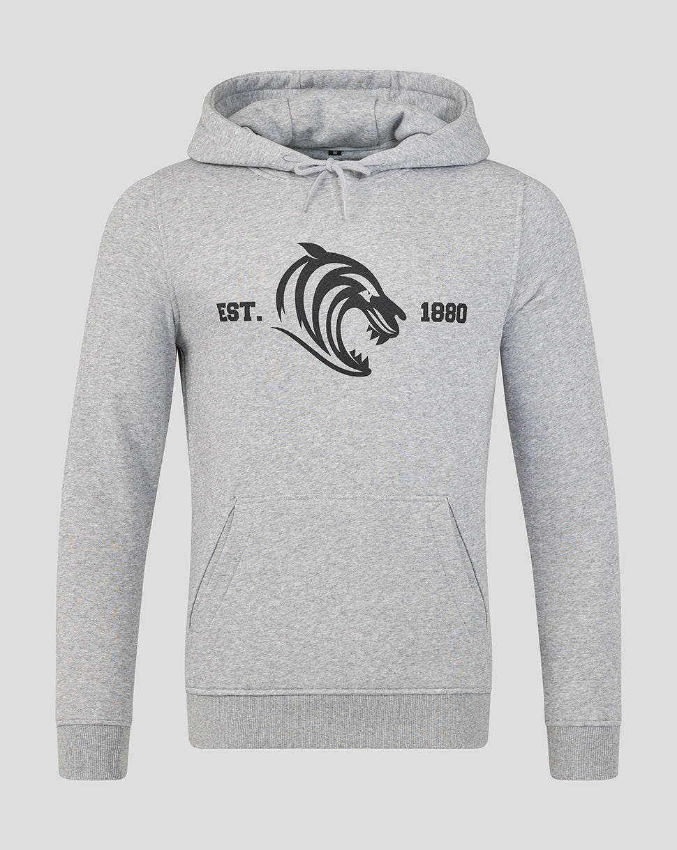 Grey Leicester Tigers hoodie with black tiger head graphic and EST 1880 across the chest