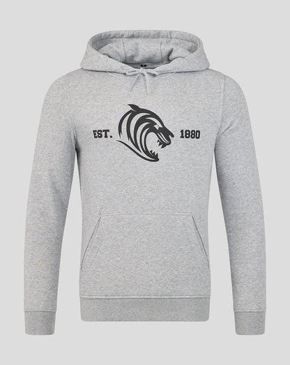 Grey Leicester Tigers hoodie with black tiger head graphic and EST 1880 across the chest
