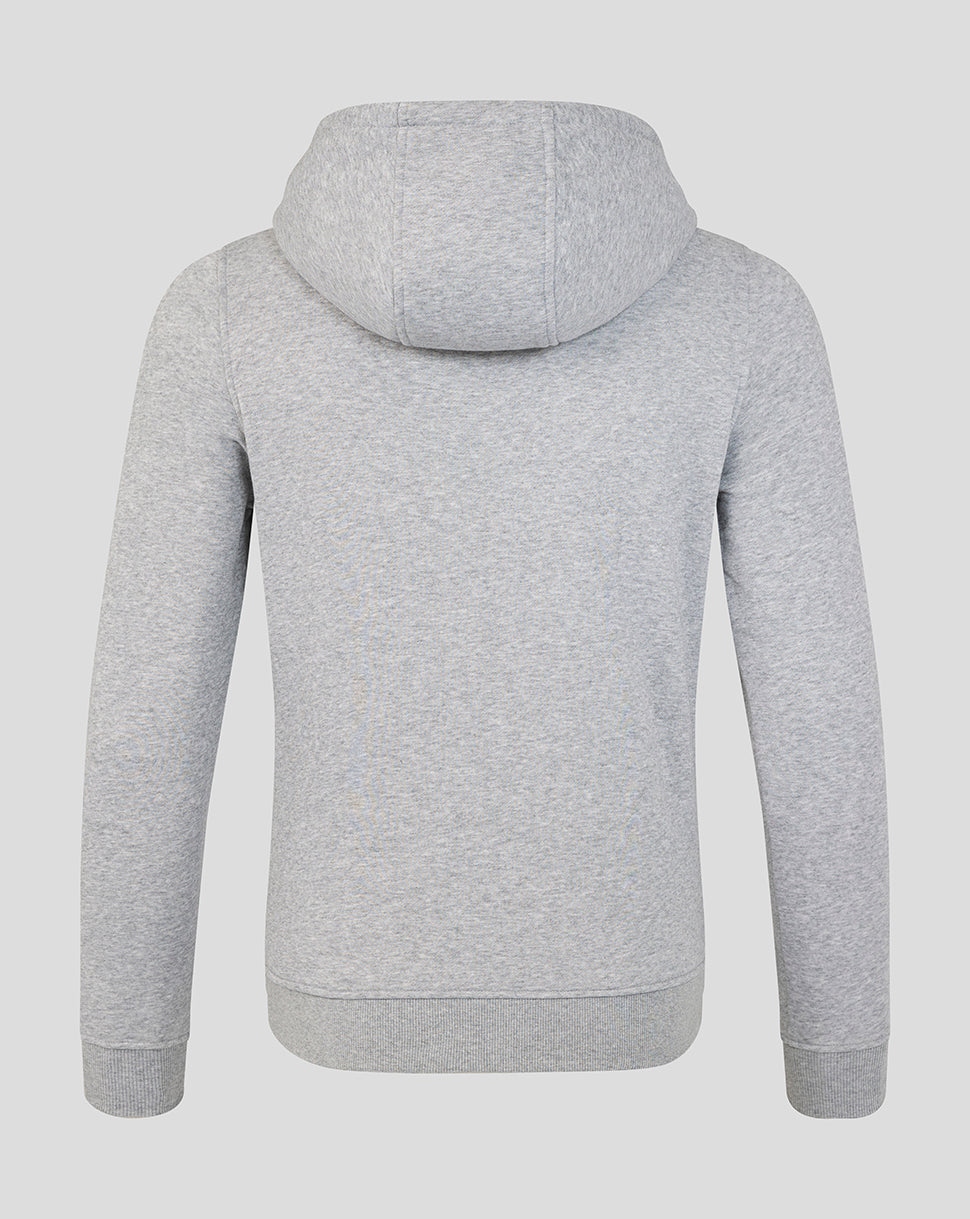 Grey Leicester Tigers Varsity 1880 hoodie back view with hood and ribbed hem.