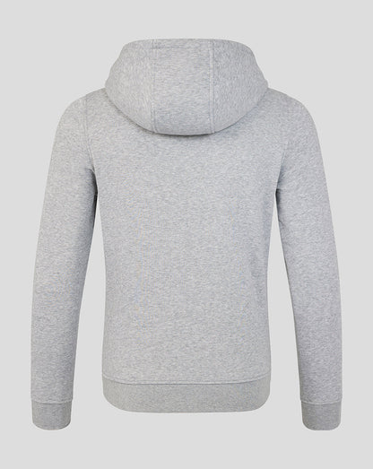 Grey Leicester Tigers Varsity 1880 hoodie back view with hood and ribbed hem.