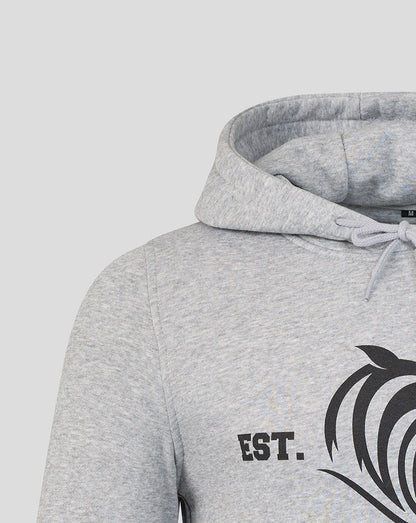 Close-up of grey hoodie showing hood with drawstrings and partial tiger graphic on chest.