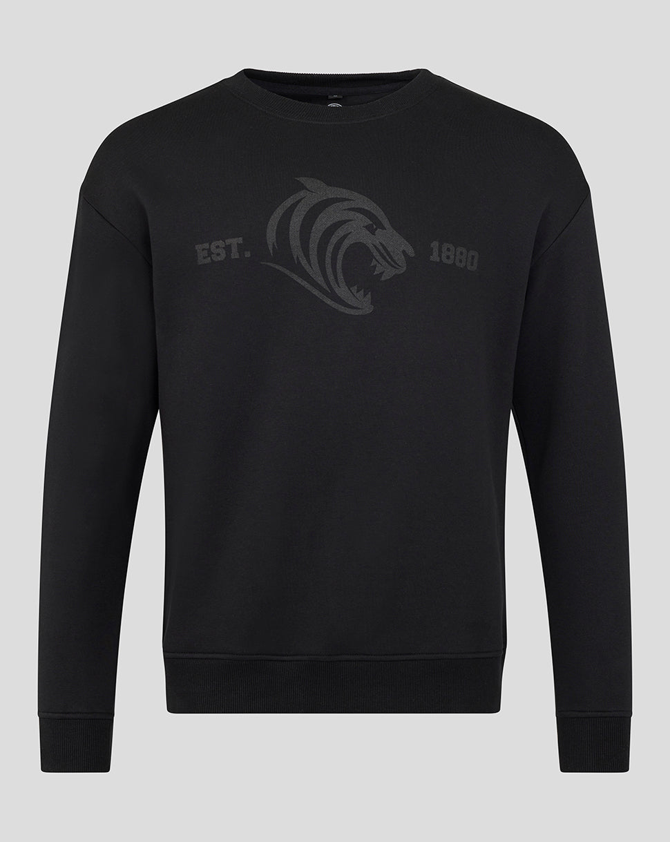 Black Leicester Tigers unisex varsity 1880 crew sweatshirt with subtle grey tiger graphic and EST 1880