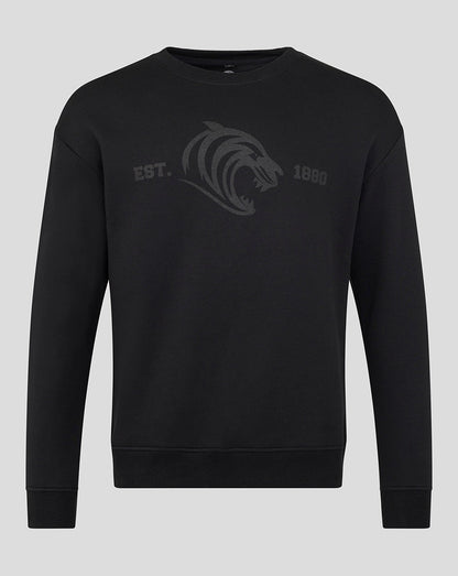 Black Leicester Tigers unisex varsity 1880 crew sweatshirt with subtle grey tiger graphic and EST 1880