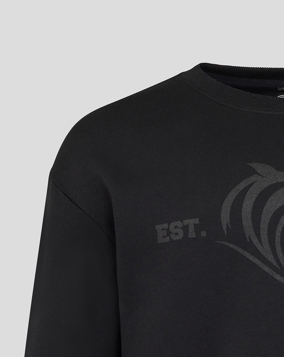 Chest close up of black sweatshirt showing EST 1880 graphic and tiger emblem