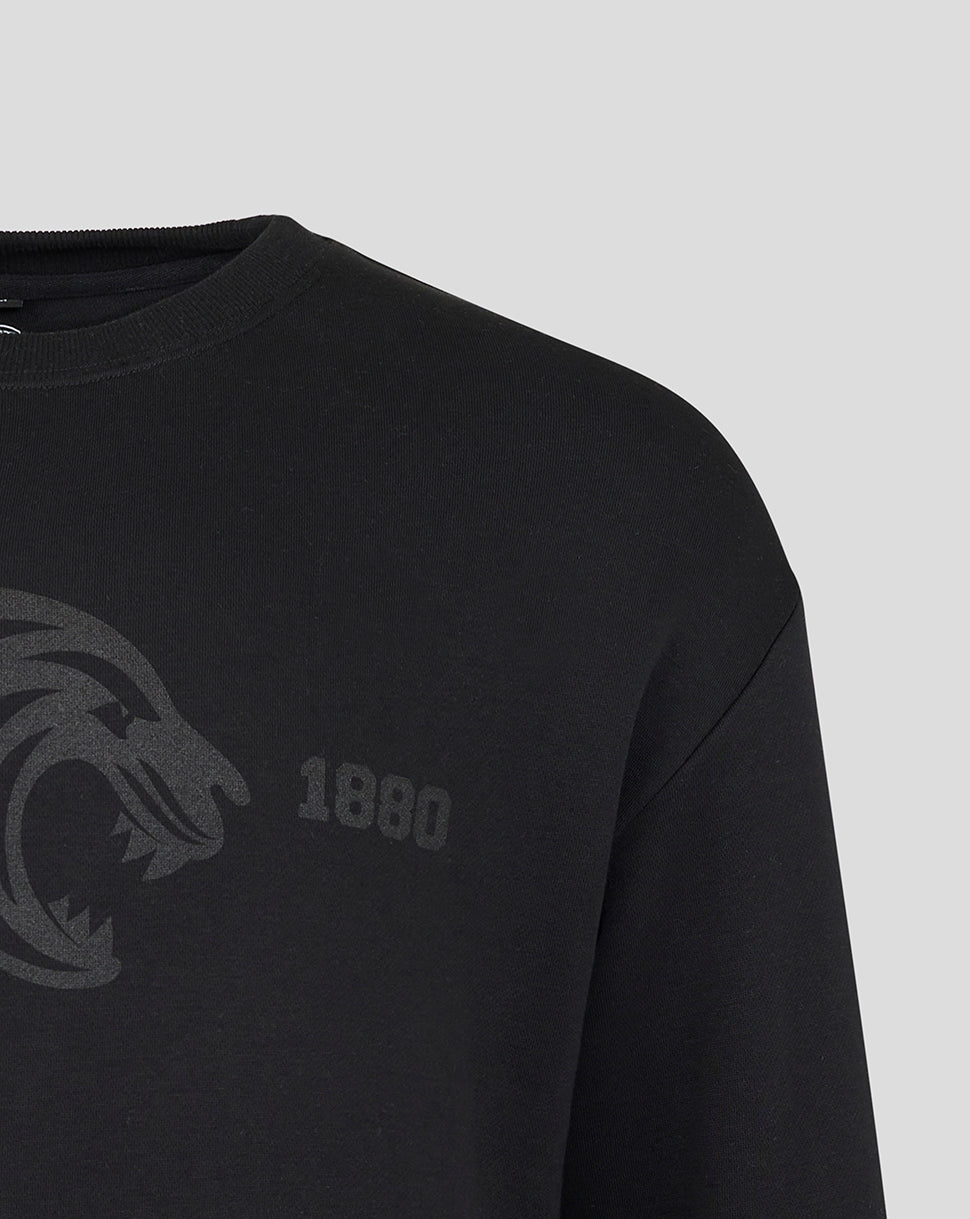Shoulder and chest close up of black Leicester Tigers sweatshirt with tiger graphic and 1880 text