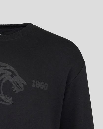 Shoulder and chest close up of black Leicester Tigers sweatshirt with tiger graphic and 1880 text