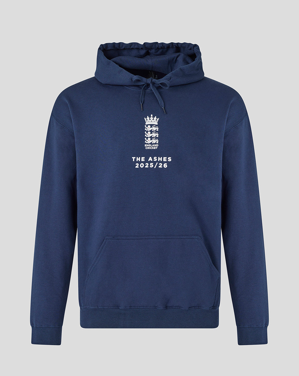 Front view of navy Ashes Tour hoodie with crest and 2025/26 lettering