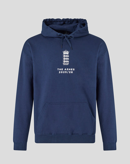 Front view of navy Ashes Tour hoodie with crest and 2025/26 lettering
